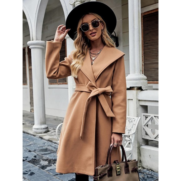 fold over Shawl Collar Double Button Belted Overcoat pea coat camel tan brown - Picture 4 of 10